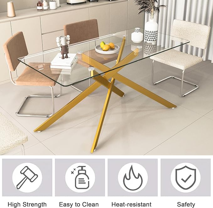 Goujxcy Glass Dining Table Set for 4, Modern Kitchen Table and Chairs Set of 4, 5-Piece Kitchen Dining Room Table Set w/61 Glass Gold Dining Table and 4 Yellow Velvet Upholstered Chairs