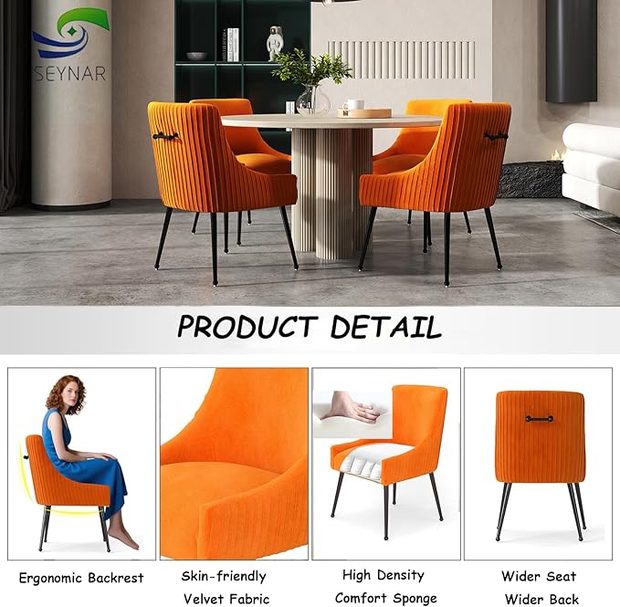 Velvet Dining Chairs Set of 4,Orange Upholstered Living Room Chairs with Black Metal Legs, Modern Tufted Accent Chairs for Living Room, Study Room, Kitchen