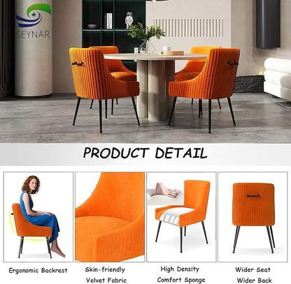 Velvet Dining Chairs Set of 4,Orange Upholstered Living Room Chairs with Black Metal Legs, Modern Tufted Accent Chairs for Living Room, Study Room, Kitchen