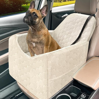 Dog Car Seat for Small/Medium Dogs, Memory Foam Dog Booster Seat, Travel Safety Per Car Seat with Washable Removable Cover, Storage Pockets for Dogs up to 35 lbs (White, Small)