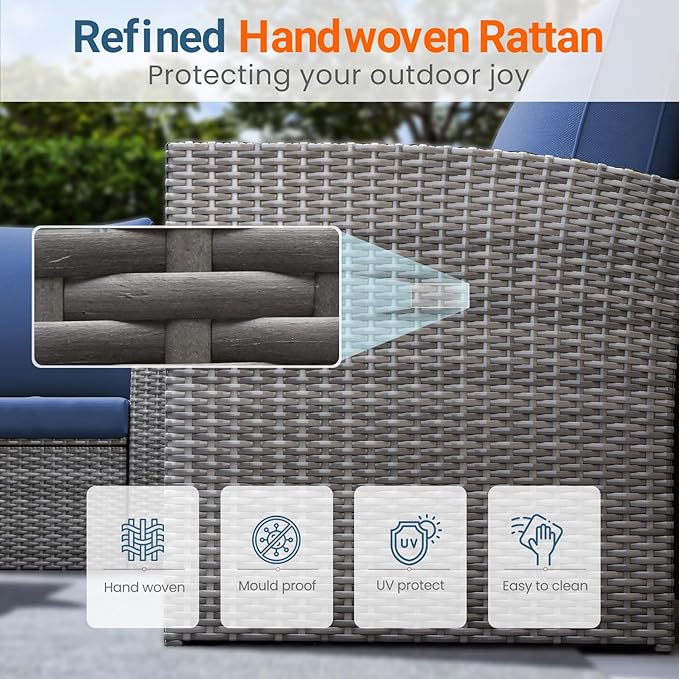 Wisteria Lane 4 Piece Patio Furniture Set, Wicker Outdoor Patio Conversation Furniture Set, All Weather Outdoor Patio Sofa with Cushion and Glass Table, Navy Blue
