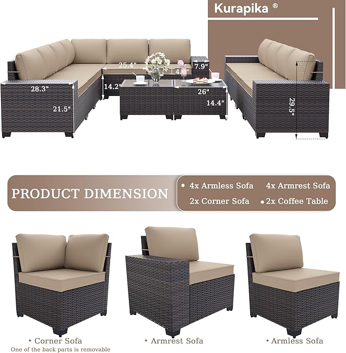 Kurapika 12 Pieces Patio Furniture Set, Rattan Wicker Outdoor Conversation Sets w/4 Inch Cushion and Glass Coffee Table(Sand)