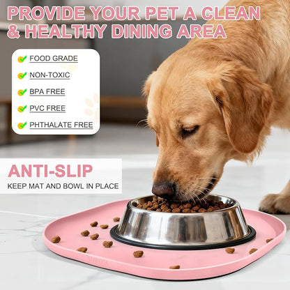 SMILOOL Waterproof Silicone Pet Food Mat with Raised Edge for Dog & Cat | 12" x 12" Non-Slip Small Pet Feeding Mats with Lip for Food & Water Bowl, Food Grade, Easy Cleaning, Sakura Pink
