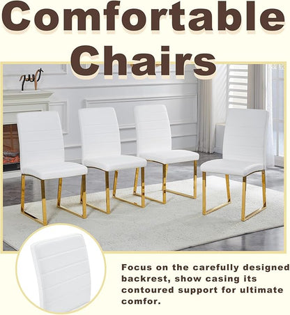 Modern Dining Chairs Set of 2, White Faux Leather Kitchen Chairs, Upholstered Armless Dining Room Chair with Gold Mental Legs Heavy Duty, Comfortable (White and Gold, Set of 2)