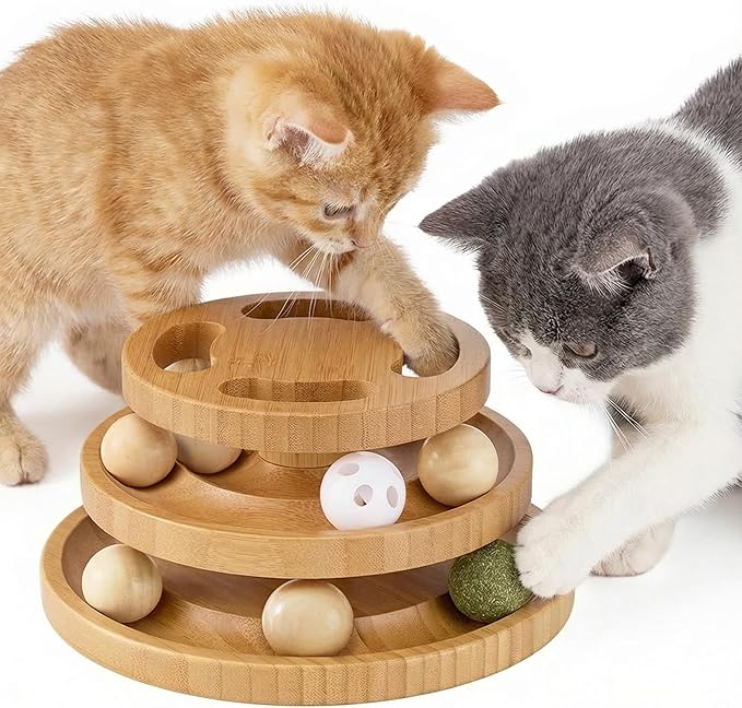 ZOMISIA Cat Ball Track Toy with Puzzle Top and DIY Bell, Wooden Cat Toys for Indoor Cats, Interactive Kitty Ball Tower for Kitten Exercise Mental Physical