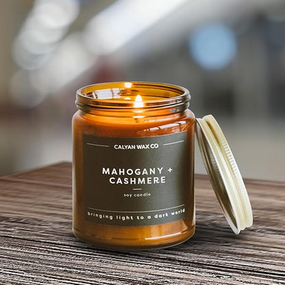 Calyan Wax Co. Mahogany & Cashmere Scented Candle - 57 Hour Burn - Luxury Non Toxic Soy Wax Candles - Long Lasting Amber Glass Jar Candle for Home - 7.2oz