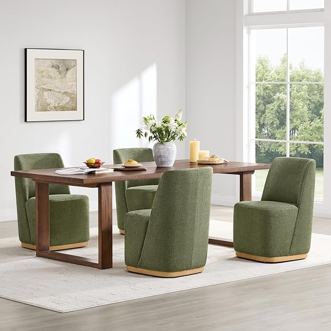 CHITA Upholstered Rolling Dining Chair on Casters Set of 4, FSC Certified Modern Fabric Dining Chair with Casters, Boucle Dining Chairs for Reading Room Kitchen Dining Room, Moss Green