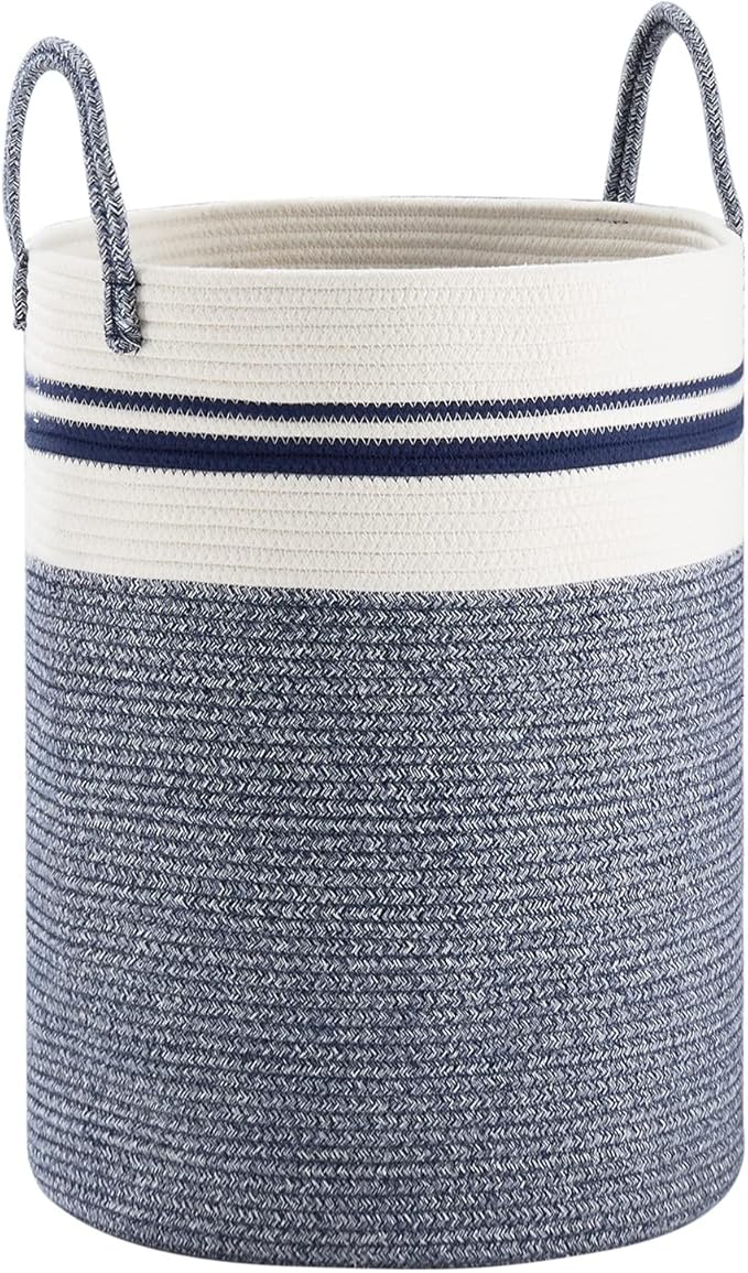 Woven Rope Laundry Hamper Basket by YOUDENOVA, 58L Tall Luandry Basket, Baby Nursery Hamper for Blanket Storage in Bedroom-Large-Blue