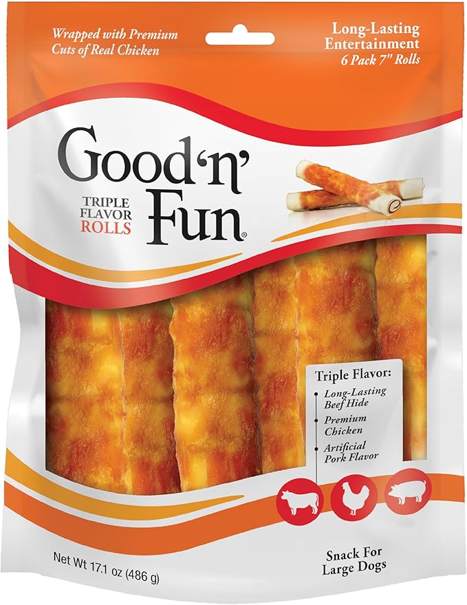 Good ‘n’ Fun Triple Flavor Rolls for Large Dogs, Treat Your Dog to Long-Lasting Chews Made with Beef Hide, Chicken and Artificial Pork Flavor, 6 Count