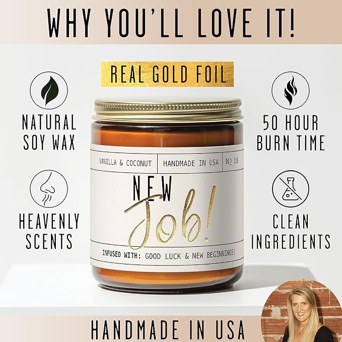 New Job Gifts for Women, Congratulations Gifts for Women - 'New Job Candle, w/Vanilla & Coconut I Job Promotion Gifts for Women I Leaving Job Gifts I Goodbye Coworker Gift I 50Hr Burn, Made in USA