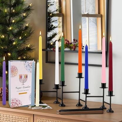 24 Colored Taper Candles, 7-8 Hours Burn Time, Unscented, Smokeless and Dripless, 0.75 x 10 Inch Dinner Candle Set for Household, Wedding, Party and Home Décor Candlesticks