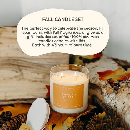 Calyan Wax Co. Fall 3 Wick Scented Candle Gift Set - 4 Luxury Autumn Scented Candles - 43 Hour Burn - 3 Wick Non Toxic Soy Wax Candles - Long Lasting Large Glass Jar Candle for Home - 14.9oz