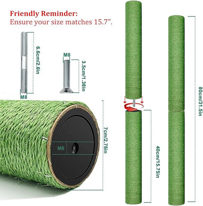 Cat Scratching Post Replacement for Cactus Cat Tree & Tower, Green 2 PCS 15.7in, Natural Sisal Replacement Parts with M8 Screws, Cute Green Cat Tree Refurbishment