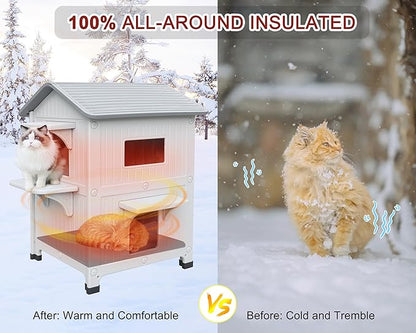 Rockever Plastic Outdoor Cat House with Insulated Liner, 100% Insulated Outdoor Cat Houses for Winter, Waterproof 2 Story Outside Cat Shelter, Clean and Assemble Easily-Grey