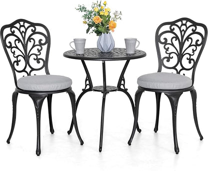 NUU GARDEN 3 Piece Outdoor Bistro Table Set, All Weather Cast Aluminum Patio Bistro Sets Patio Table and Chairs Set of 2 with Umbrella Hole for Yard, Garden, Balcony, Black