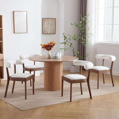 Kmax Dining Room Chairs Mid-Century Modern Sherpa Kitchen Chairs with Natural Walnut Finished Frame, Fur Curved Back, Set of 4, White
