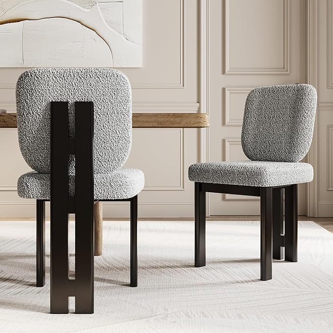 Modern Boucle Dining Chairs Set of 2, Farmhouse Sherpa Upholstered Wooden Kitchen Chairs with Back, Side Armless Dining Room Chairs with Brown Wood Legs for Kitchen Restaurant, Gray