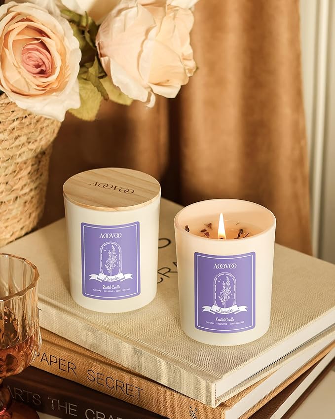 AOOVOO Lavender Candles Set for Women - 4 Pack Candles for Home Scented, Aromatherapy Candle with Crystals Inside, 28 oz 200 Hour Long Lasting, Birthday Gifts Mothers Day Candle for Women Mom