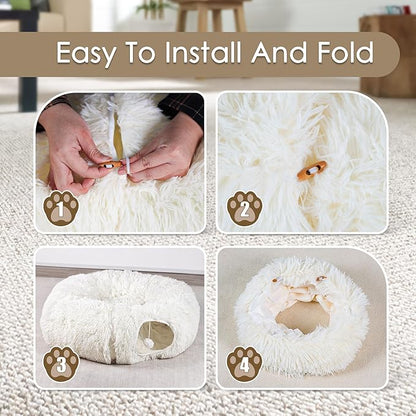 Cat Tunnel Bed for Indoor Cats, Peekaboo Cat Cave with Washable Soft Play Mat, Furry Cat Tube, for Kitten/Puppy/Rabbit, Beige