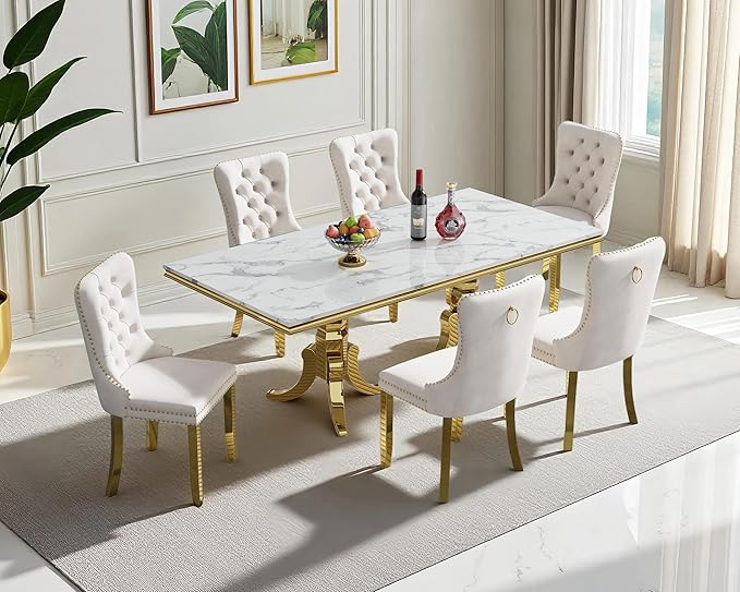 Goujxcy Faux Marble Dining Table Set for 6, Modern 7-Piece Dining Table Set with 6 Velvet Upholstered Chairs, 70" Large Long Faux Marble Kitchen Dining Room Table and Chairs with Stainless Steel Legs
