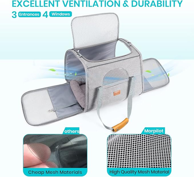 Morpilot Portable Cat Carrier - Soft Sided Cat Carrier for Medium Cats and Puppy up to 15lbs, Pet Carrier with Locking Safety Zippers, Foldable Bowl, Airline Approved Travel Dog Carrier - Light Gray
