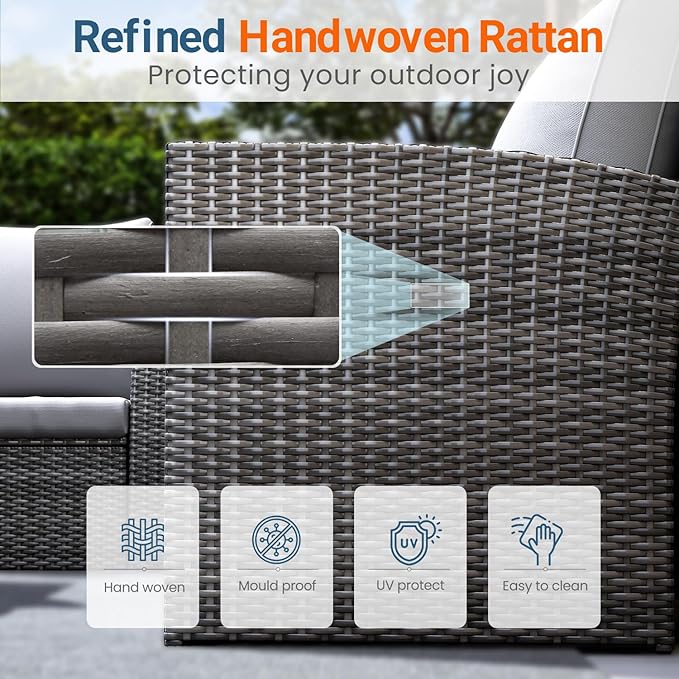 Wisteria Lane 4 Piece Patio Furniture Set, Wicker Outdoor Patio Conversation Furniture Set, All Weather Outdoor Patio Sofa with Cushion and Glass Table, Light Gray