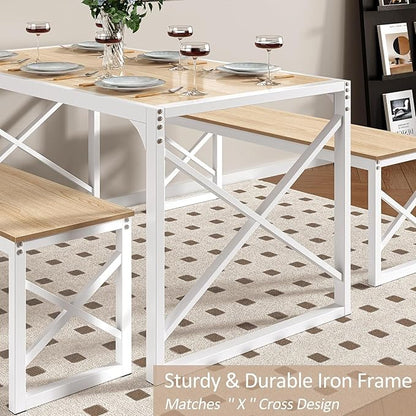 VECELO Kitchen Dining Table Benches Set for 4, 55" Wooden Dinette with 2 Benches, Heavy-Duty Dining Room Table for Small Space, Breakfast Nook, Natural Oak