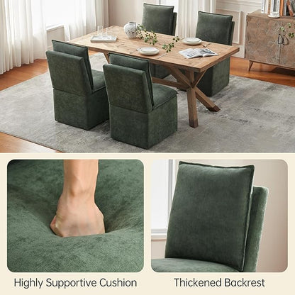 VKNOW Upholstered Dining Chairs Set of 4, Modern Rolling Chairs with Storage and Wheels, Linen Armless Chair with Cushion and Backrest, Dining Room Chairs for Living Room Kitchen Bedroom, Green