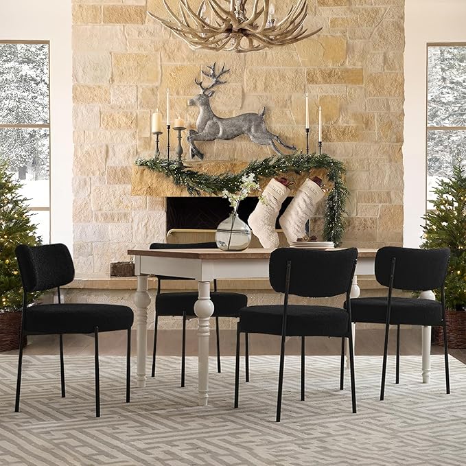 Black Boucle Dining Chairs Set of 6, Upholstered Dinner Chair with Metal Frame, Dining Room Chairs with Padded Seat, Round Modern Seating for Living Room