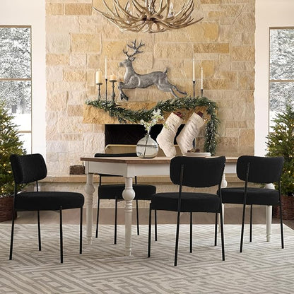 Black Boucle Dining Chairs Set of 6, Upholstered Dinner Chair with Metal Frame, Dining Room Chairs with Padded Seat, Round Modern Seating for Living Room