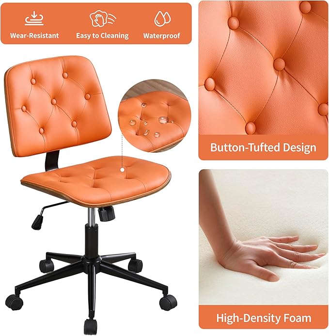 Small Home Office Chair - Armless Mid Back Desk Chair with 360° Swivel and Wheels, PU Upholstered Height Adjustable Modern Walnut Computer Chair for Home, Office Meeting Room - Orange