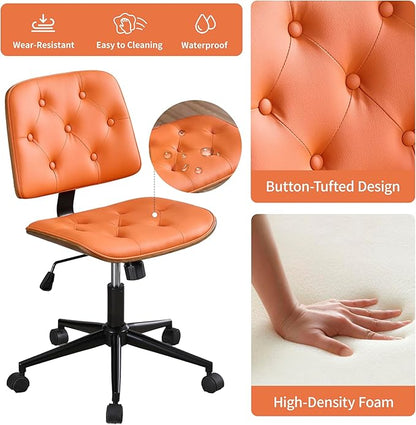 Small Home Office Chair - Armless Mid Back Desk Chair with 360° Swivel and Wheels, PU Upholstered Height Adjustable Modern Walnut Computer Chair for Home, Office Meeting Room - Orange