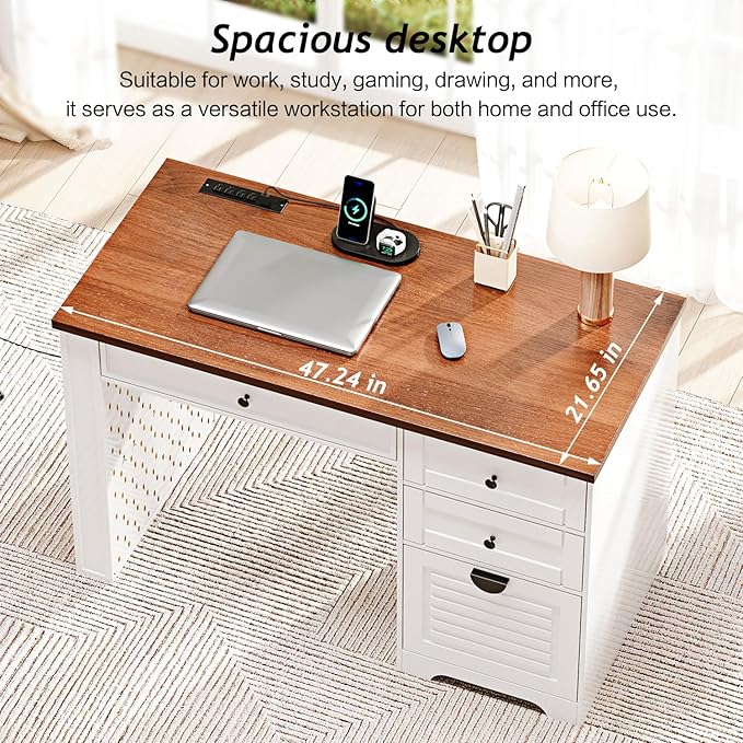 47" Home Office Desks, Executive Desk, Farmhouse Computer Desk with Drawers and Charging Station, File Drawer, Storage Cabinet, Rustic Computer Writing Desk,Antique White
