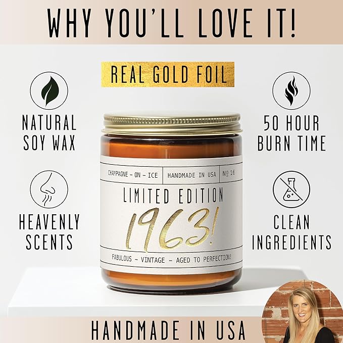 62nd Birthday Gifts for Women - 'Limited Edition 1963' Soy Candle, w/Champagne on Ice I 62 Birthday Gifts for Women I 62nd Gift for Her Ideas I 9oz Reusable Jar, 50Hr Burn, Made in USA
