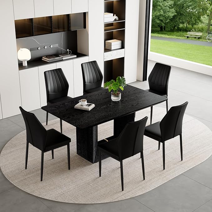 63" Modern Black Dining Table Set for 6 with Chairs, 7 Piece Rectangular Dining Room Table and 6 PU Leather Chairs, Kitchen Dining Set with Matte Wood Finish, Geometric Base, Easy Assembly