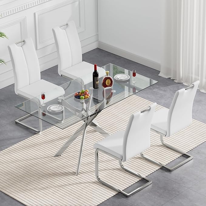 51'' Silver Glass Dining Table Set for 4,5 Piece Kitchen Table and Chairs Set with Metal Legs and 4 PU Leather Dining Chairs for Kitchen Room Small Spaces