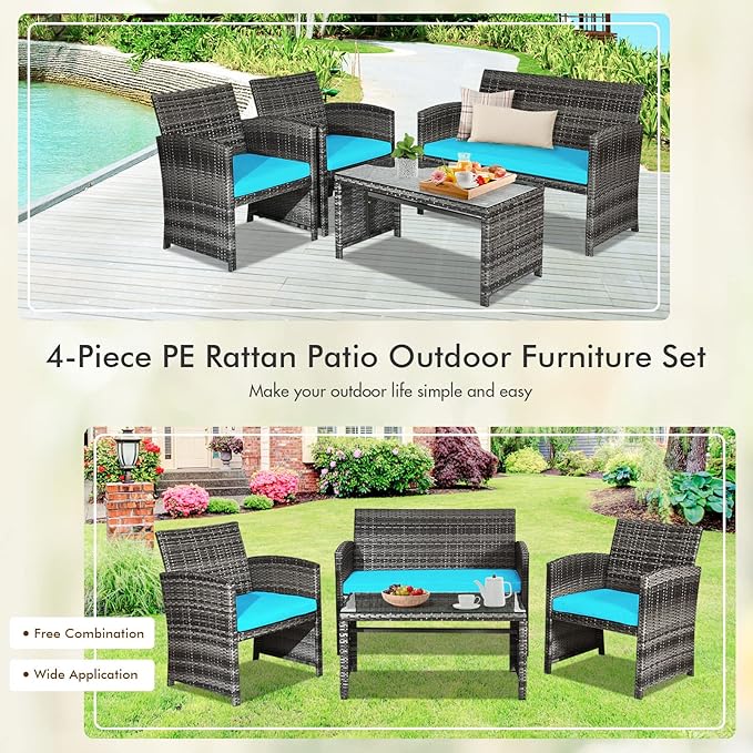Goplus 4-Piece Rattan Patio Furniture Set, Outdoor Wicker Conversation Sofa with Weather Resistant Cushions and Tempered Glass Tabletop for Lawn Backyard Pool Garden (Turquoise)