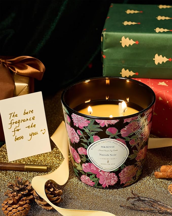 M&SENSE Neroli Noir Scented Candle, 28.2oz 3 Wick Natural Soy Wax Large Candles, Long Lasting Clean Slow Burning No Toxic Décor for Home Relaxation, Romantic Dates & Gift-Giving