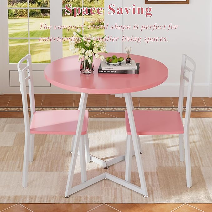 VECELO Small Round Dining Table Set for 2, Wood Tabletop with Strong Metal Frame, Modern Dinette with Chairs for Kitchen, Breakfast Nook Living Room, Pink & White