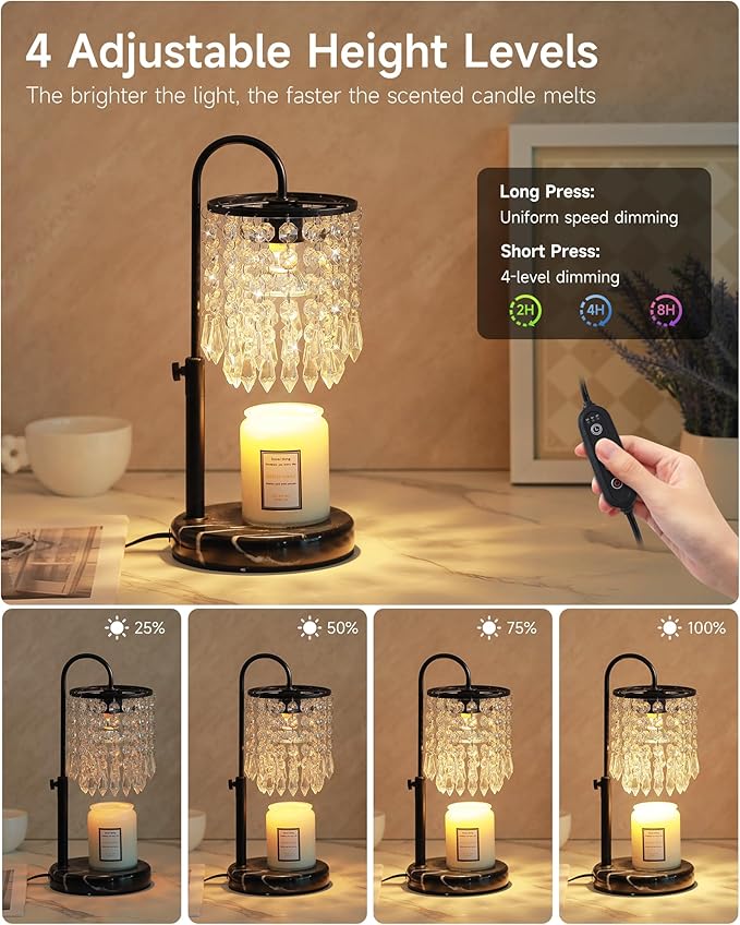 Candle Warmer Lamp with Timer Dimmer and 3 Bulbs, Candle Lamp Warmer with Marble Base for Adjustable Height, Crystal Candle Lamp for Jar Candles, House Warming Gifts Home Room Decor, Black
