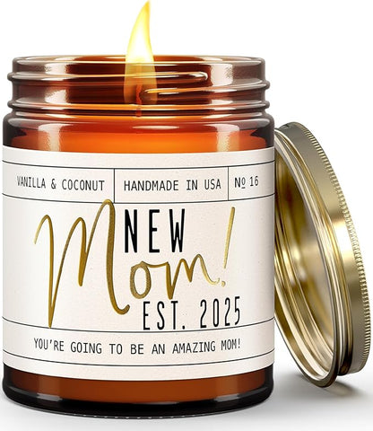 New Mom Gifts for New Mom Est. 2025 Candle, w/Coconut & Vanilla-Infused Essential Oils I Postpartum First Time Mommy Gifts I Push Presents I 50Hr Burn, USA Made