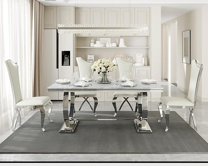 Asday 72 inch Modern Dining Room Table with Silver Stainless Steel Metal U-Base in Grey Silver