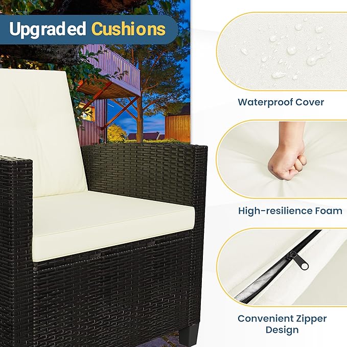 Wisteria Lane 4 Piece Patio Furniture Set, Wicker Outdoor Patio Conversation Furniture Set, All Weather Outdoor Patio Sofa with Cushion and Glass Table, Beige