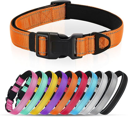 Reflective Dog Collar with Quick Release Buckle - Metal Ring - Adjustable Soft Neoprene Padded Basic Dog Collar for Small Medium Large Dogs (Orange, Large :Width 1",Neck 15.7-23.6")