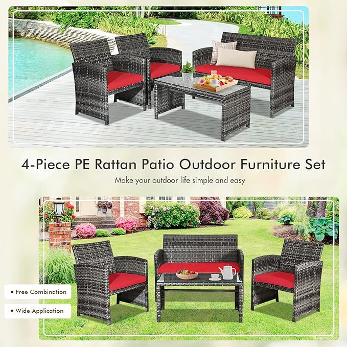 Goplus 4-Piece Rattan Patio Furniture Set, Outdoor Wicker Conversation Sofa with Weather Resistant Cushions and Tempered Glass Tabletop for Lawn Backyard Pool Garden (Red)