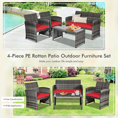 Goplus 4-Piece Rattan Patio Furniture Set, Outdoor Wicker Conversation Sofa with Weather Resistant Cushions and Tempered Glass Tabletop for Lawn Backyard Pool Garden (Red)