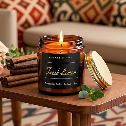 Fresh Lemon Candles for Home Scented, Natural Soy Aromatherapy Non Toxic Candles with Long Lasting Fragrance & Clean Burn, Luxury Jar Candle Gift for Women, Men, Home Decoration 9oz