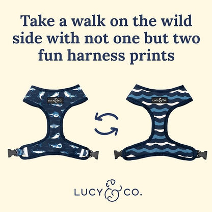 Lucy & Co. Reversible Dog Harness - Water-Repellent Neoprene, Dual-Print Design, Easy Swap Style, Adjustable Comfort Fit - Shark Attack Reversible Harness - X-Small