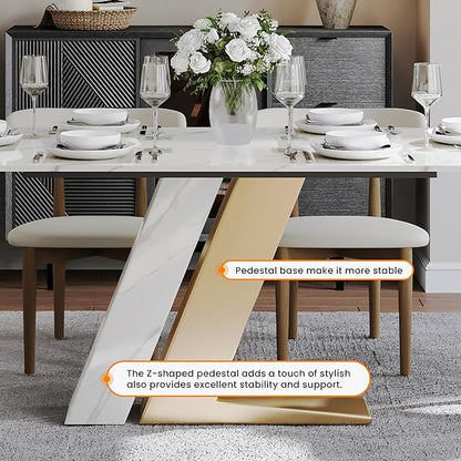 POVISON 63" Modern Dining Table for 4, Gold Dining Table Sintered Stone Dining Tabletop with Z-Shaped Stainless Steel Pedestal, Rectangle Dining Room Table (Table Only)