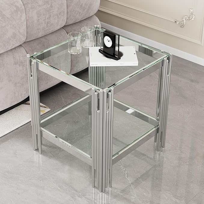Goujxcy Modern Glass End Table Silver Sofa Side Table with Clear Glass Top and Mirror Stainless Steel Legs, Luxury Square Coffee Tea Table Bedside Tables for Living Room Bedroom, Silver